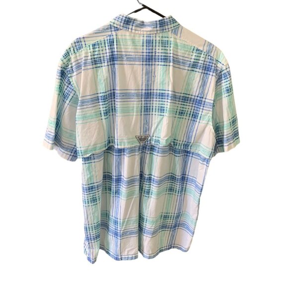 Columbia Mens Size Large Button Up Short Sleeve Blue Plaid Vented PFG Shirt Top - Picture 2 of 4